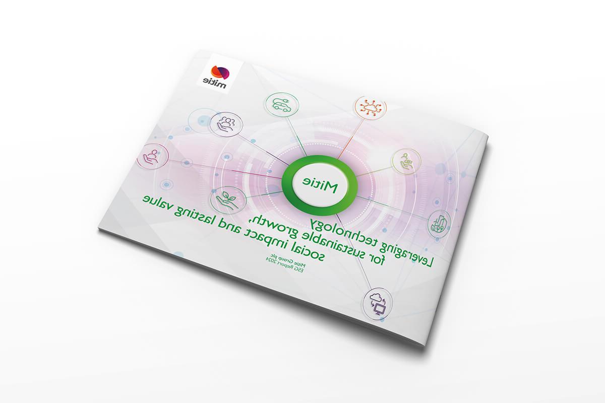 The cover of Mitie's ESG Report 2024 - white with various icons representing sections of Mitie's business, titled 'Leveraging technology for sustainable growth, social impact and lasting change'